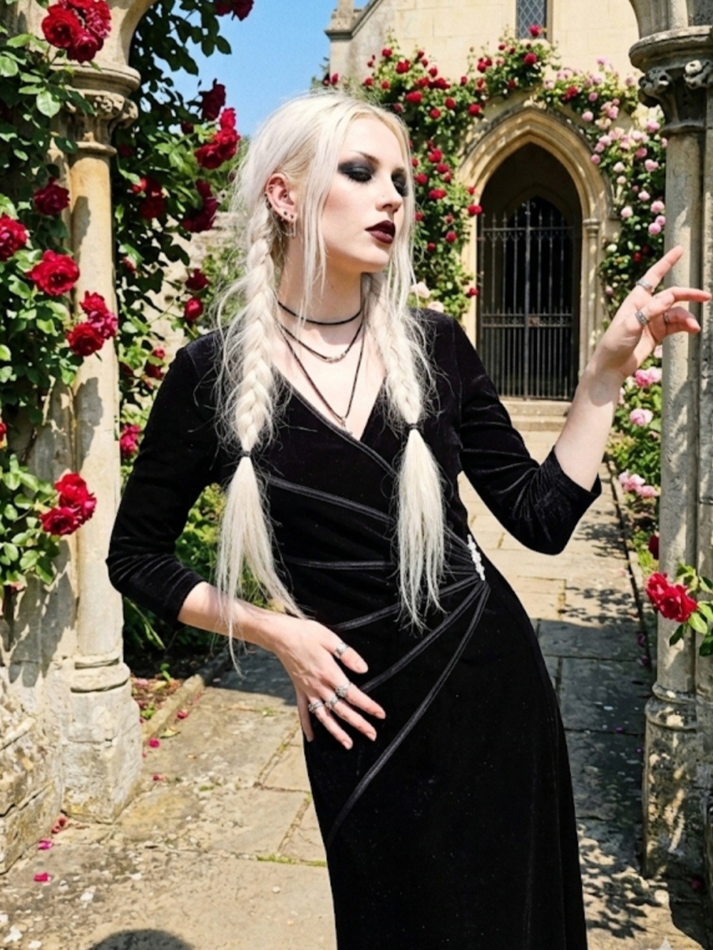 connected apparel Black Velvet Wrap Maxi Dress with Three-Quarter Sleeves